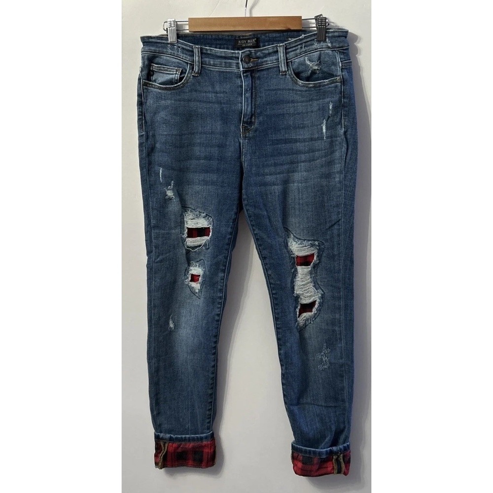 Women's Judy Plaid Patch Cuffed Skinny Fit Jeans Stretch Sz 13/31 No Pilling EC